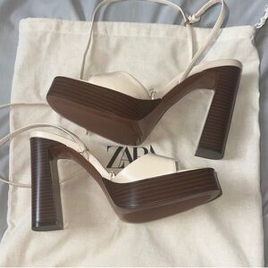 Zara Cream and Brown Platform Heels with Chunky Block Heel.  Only worn once